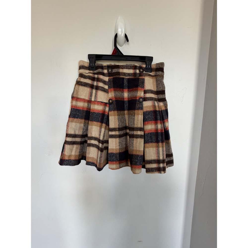Kate Kasin Women Tan Brown Red Plaid Pleated Mini Skirt Academic A-Line Small